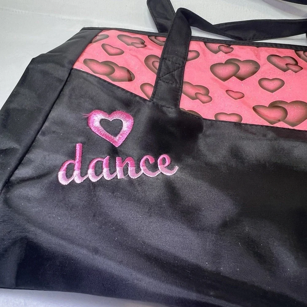 Girls Black Pink Dance Bag Hearts Nylon With‎ Pink Interior And Zipper Pouch